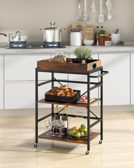 Giantex Rolling Bar Cart, 3-Tier Serving Cart with Removable Tray, 4 Lockable Universal Casters