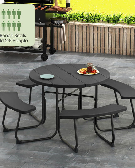 Giantex Picnic Table Set for Up to 8 Persons, Round Outdoor Table and Bench Set with Umbrella Hole