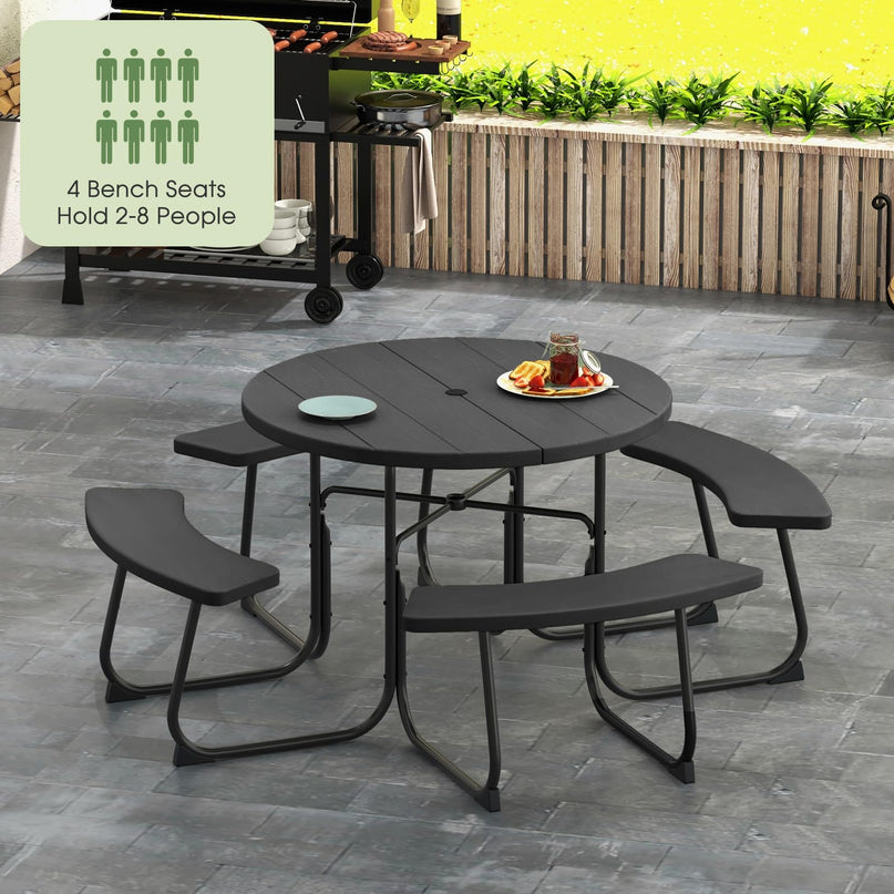 Giantex Picnic Table Set for Up to 8 Persons, Round Outdoor Table and Bench Set with Umbrella Hole