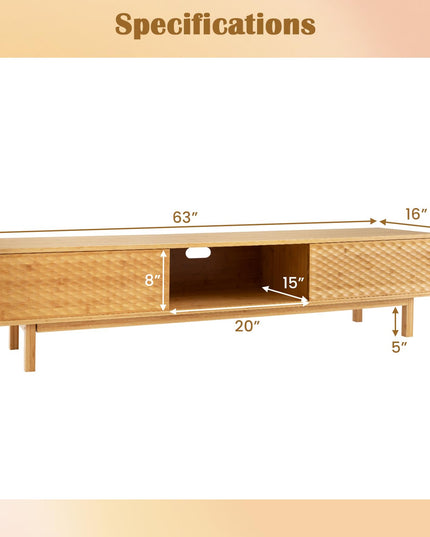 Giantex 63” Bamboo TV Stand, Entertainment Center with 3 Storage Cubes, Sliding Doors