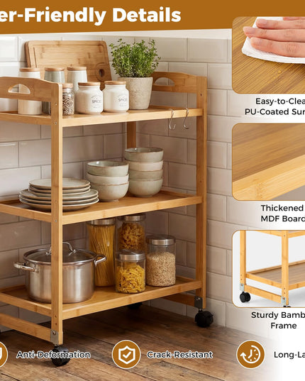 Giantex 3-Tier Rolling Storage Cart | Bamboo Utility Cart w/ 3 Side Hooks & Adjustable Shelves