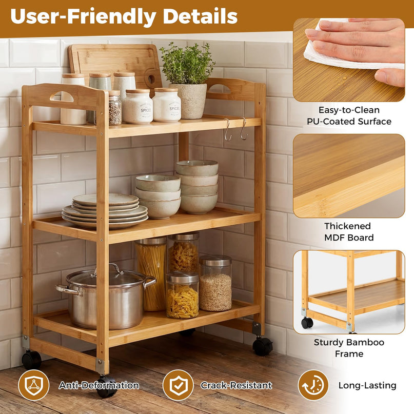 Giantex 3-Tier Rolling Storage Cart | Bamboo Utility Cart w/ 3 Side Hooks & Adjustable Shelves