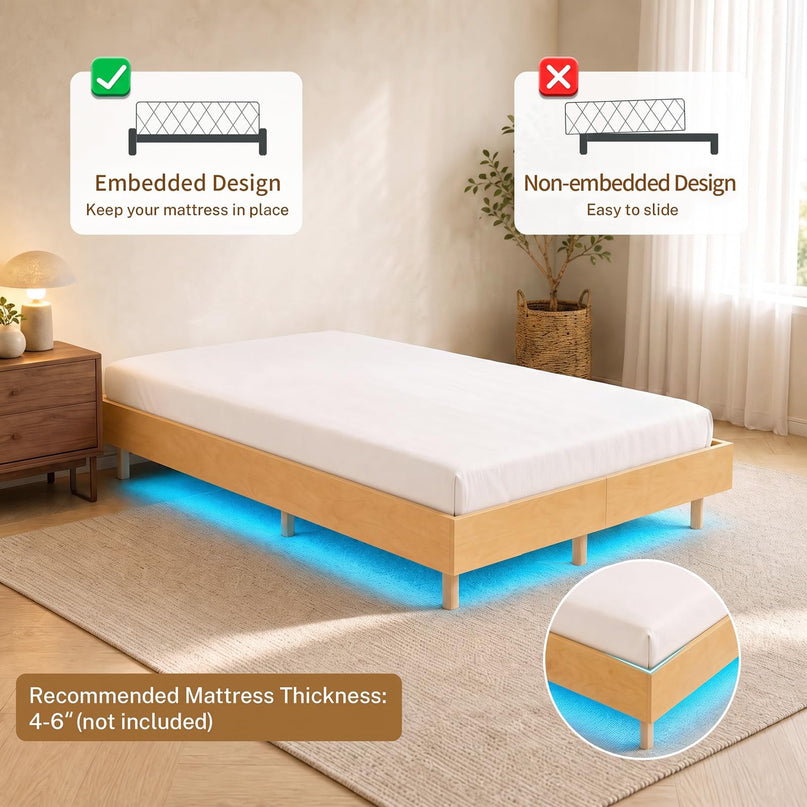 GIANTEX Wood Floating Bed Frame Twin/Full/Queen Size with Smart LED Light