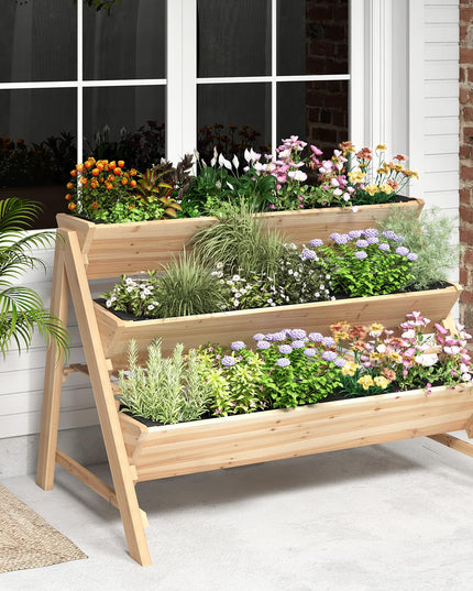 Giantex 3-Tier Raised Garden Bed, Wooden Vertical Planter Box with Storage Shelf