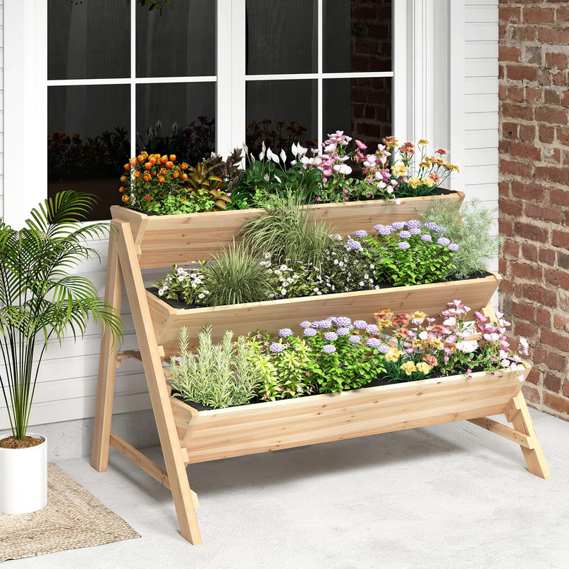 Giantex 3-Tier Raised Garden Bed, Wooden Vertical Planter Box with Storage Shelf