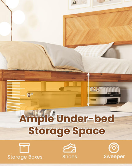 Giantex Wood Twin Bed/Full Size Bed/Queen Bed Frames with Headboard, Solid Acacia Wood Platform Bed with 12 Strong Wooden Slat Support