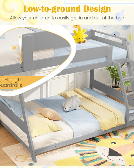 Giantex Wood Bunk Beds Twin Over Full Size, Solid Wood Floor Low Bunk Bed w/Removable Ladder