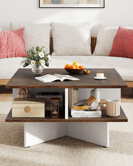Giantex Square Coffee Table with 4 Storage Compartments & Cross Shape Base