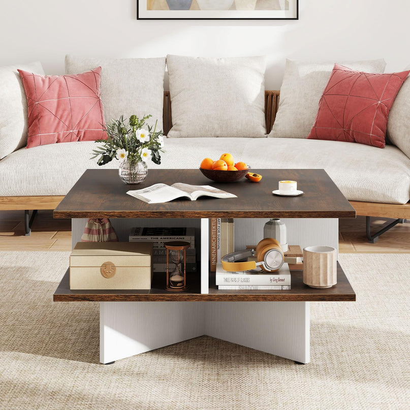 Giantex Square Coffee Table with 4 Storage Compartments & Cross Shape Base