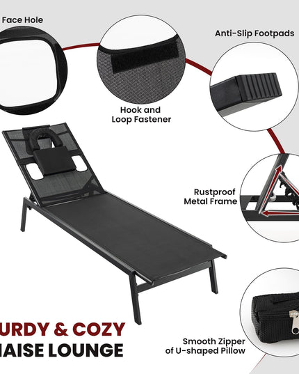 Giantex Patio Chaise Lounge Chair - Outdoor Lounge Chaise with Face Hole, Detachable Head Pillows, Black