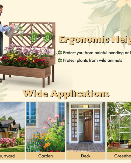 Giantex Raised Garden Bed with Trellis, 2-Tier Wooden Planter Box with Legs and Drain Holes (Brown)