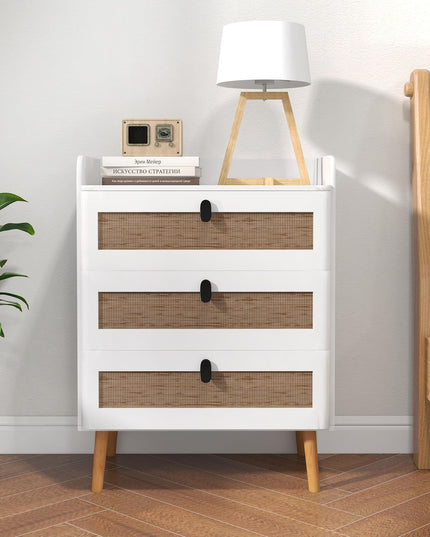 Giantex Rattan Nightstand, Boho 3-Drawer Dresser with 4 Solid Wood Legs