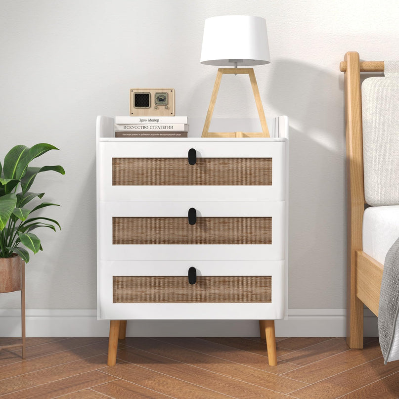 Giantex Rattan Nightstand, Boho 3-Drawer Dresser with 4 Solid Wood Legs