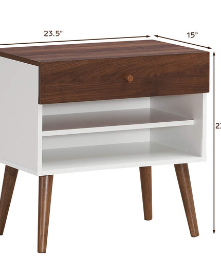 Nightstand with Drawer and Storage Shelves & Rubber Wood Legs, Brown&White