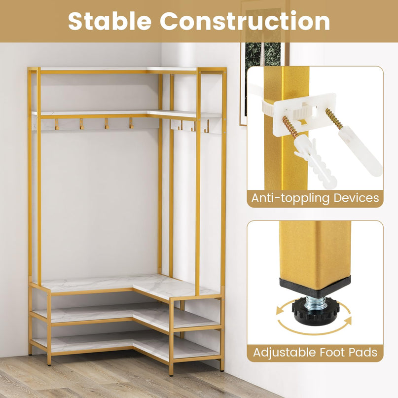 Giantex Corner Coat Rack with Shoe Bench, L-shaped Garment Rack with 5 Shelves & 7 Hooks