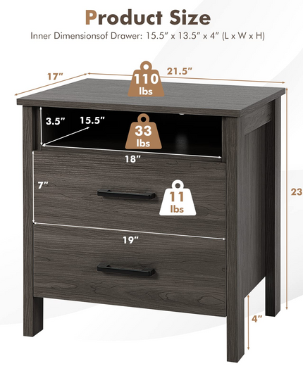 Giantex Nightstand w/2 Drawers, Set of 2 End Table w/Wood Grain