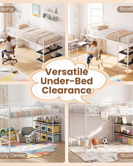 Giantex Low Loft Bed with Desk & Bookshelf Twin Size Platform Bedframe