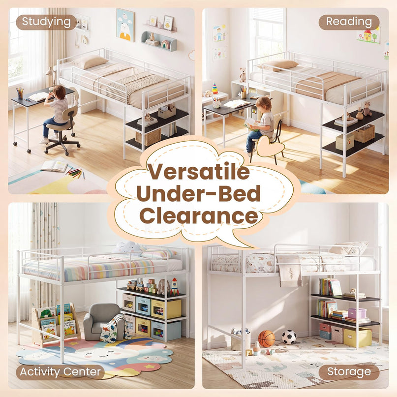 Giantex Low Loft Bed with Desk & Bookshelf Twin Size Platform Bedframe