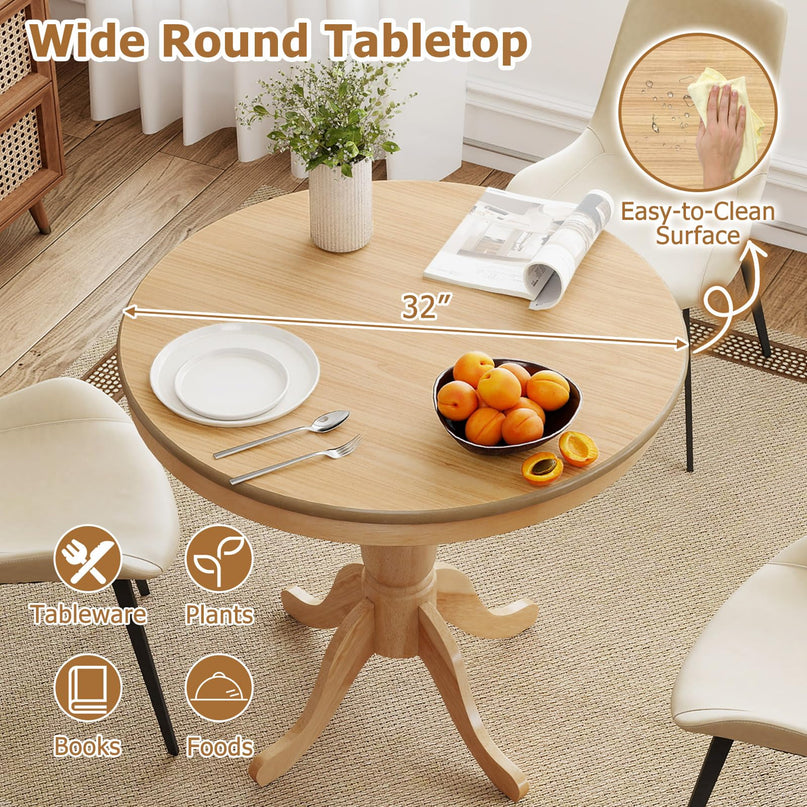 Giantex 32" D X 30" H Round Wooden Kitchen Table with Spacious Tabletop & Pedestal Base