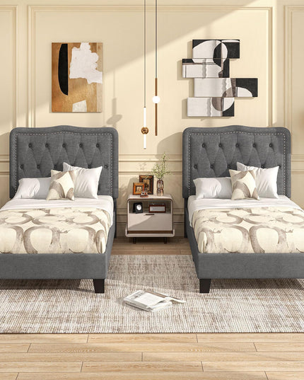 Giantex Twin Size Bed Frame, Modern Linen Upholstered Platform Bed w/ 46" Tall Button Tufted Headboard