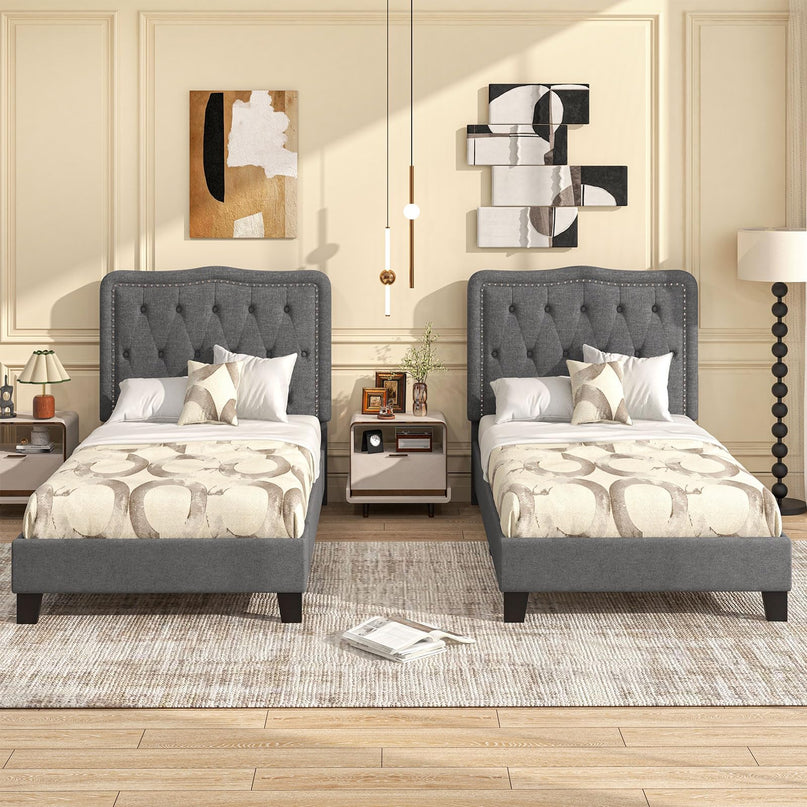 Giantex Twin Size Bed Frame, Modern Linen Upholstered Platform Bed w/ 46" Tall Button Tufted Headboard