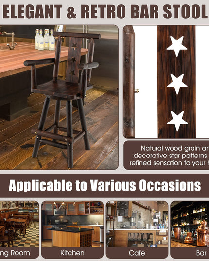 Brown Bar Stool, 29’’ Solid Fir Wood Bar Chair with Footrest, Decorative Star Backrest, Wide Armrest, Rustic Kitchen Stool