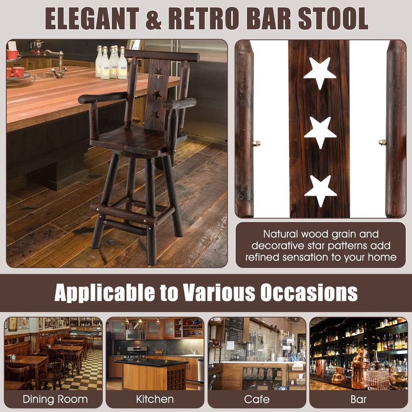 Brown Bar Stool, 29’’ Solid Fir Wood Bar Chair with Footrest, Decorative Star Backrest, Wide Armrest, Rustic Kitchen Stool