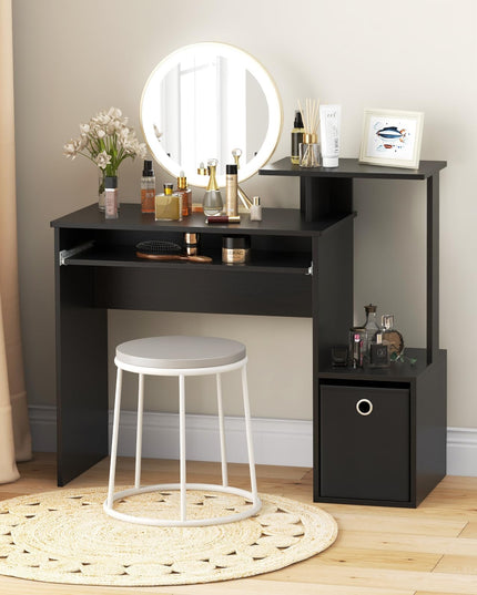 Giantex Computer Desk with Keyboard Tray, Compact Home Office Desk with Fabric Drawer & Storage Shelf