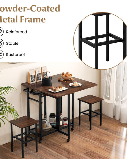 Giantex 3-Piece Foldable Dining Table Set, Extendable Dining Table & 2 Stools Set w/ 6-Bottle Wine Rack