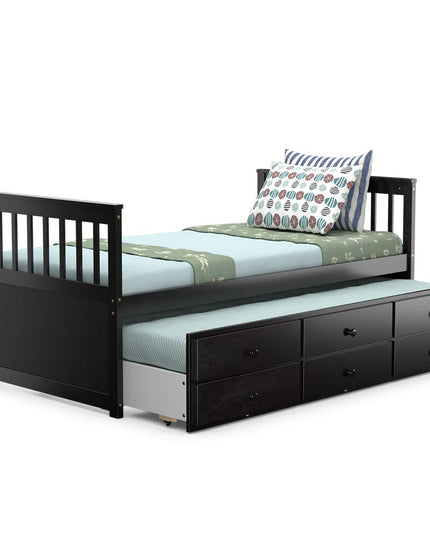 Giantex Twin Captain's Bed with Trundle Bed, Wood Storage Daybed with 3 Storage Drawers