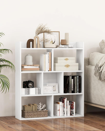 Giantex 7 Cube Bookshelf, Free-standing Wooden Bookcase, 4 Tier Home Display Shelf, Horizontal Storage Unit w/Anti-Toppling Devices