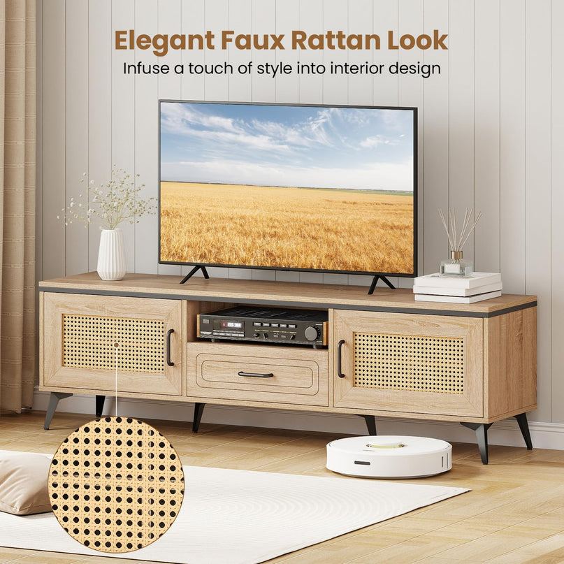 Meuble TV Giantex pour téléviseurs 60/65 pouces | Meuble de divertissement bohème avec placards de rangement