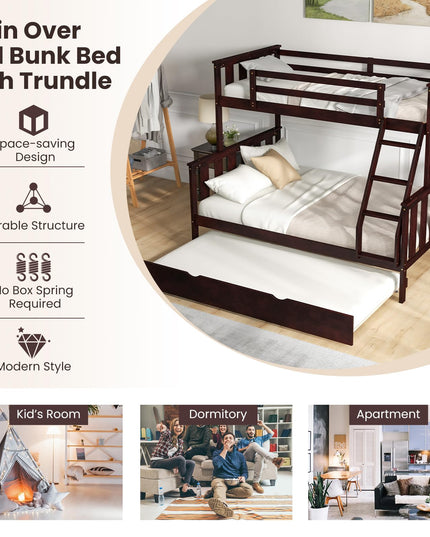 Giantex Twin Over Full Bunk Bed with Trundle, Reversible Ladder & Safety Guardrails