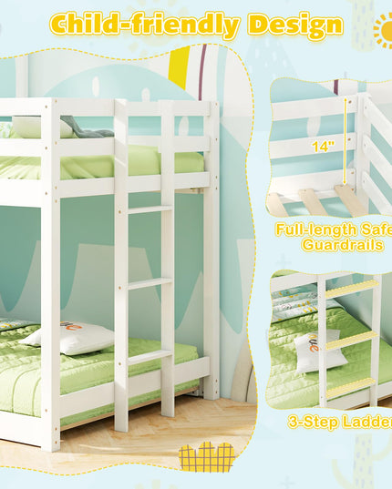 Giantex House Bunk Bed Twin Over Twin, Solid Wood Floor Bunk Bed with Built in Ladder, Window & Safety Guardrail