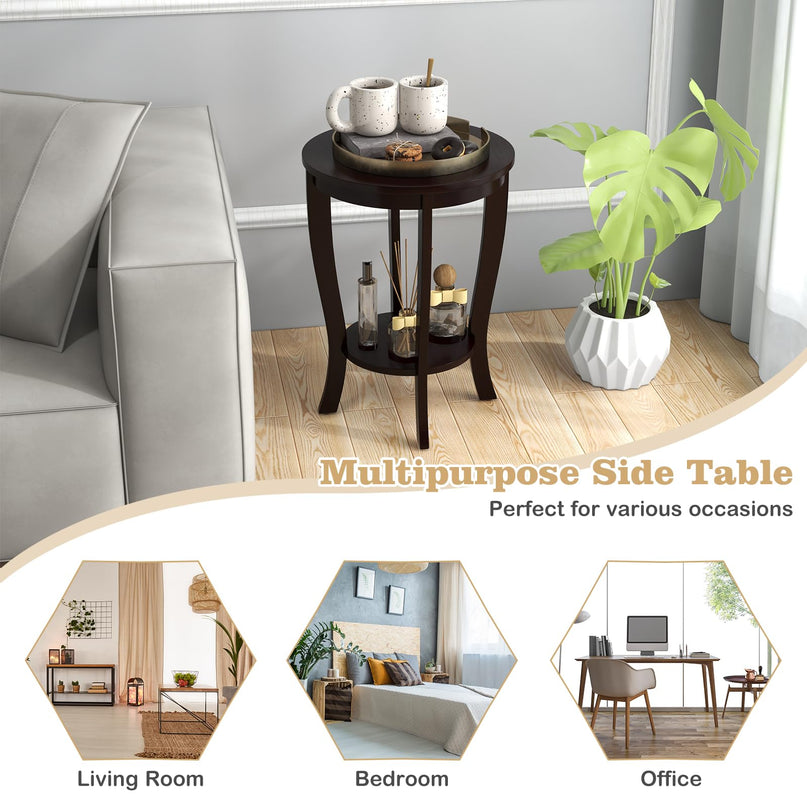 Giantex Round End Table with Storage Shelf Set of 2, Retro Nightstand with Solid Wood Legs, 24.5" Accent Table for Small Spaces