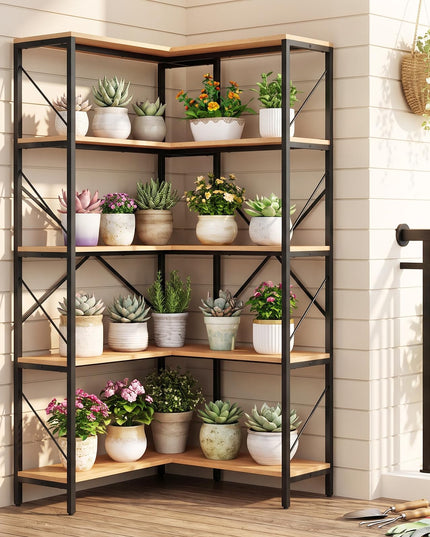 GIANTEX 5-Tier Corner Bookshelf | L-Shaped Large Bookcase with Metal Frame