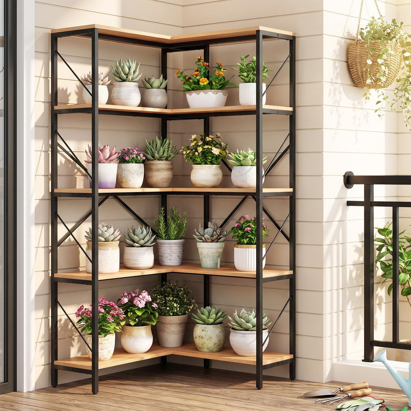 GIANTEX 5-Tier Corner Bookshelf | L-Shaped Large Bookcase with Metal Frame