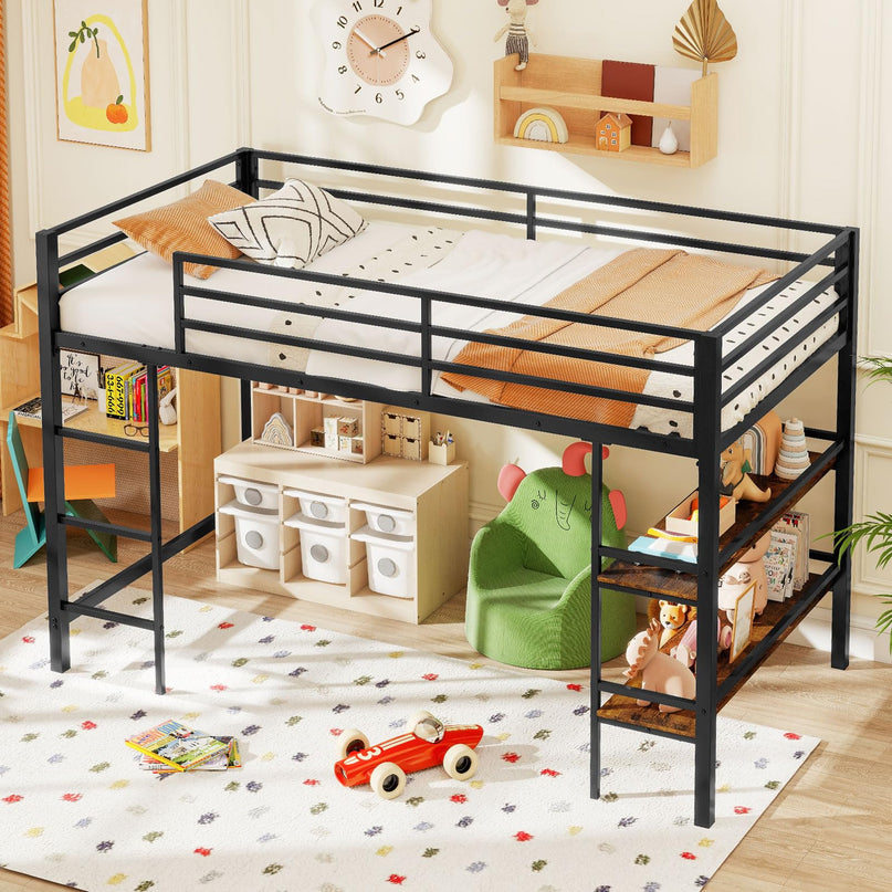 Giantex Heavy Duty Metal Frame Low Loft Bed Twin Size w/Ladder & Full-Length Guardrails