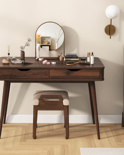 Giantex Mid-Century Desk with 2 Drawers, 43.5" Writing Study Desk with Solid Rubber Wood Legs