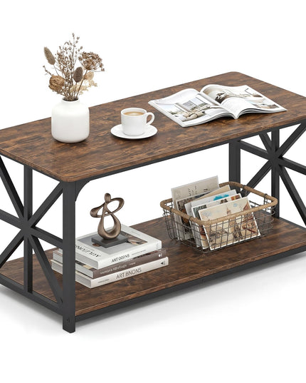 Giantex Farmhouse Coffee Table | 43" Center Table with Storage & X-Shaped Frames