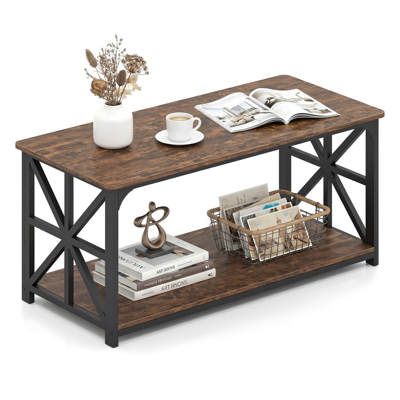 Giantex Farmhouse Coffee Table | 43" Center Table with Storage & X-Shaped Frames