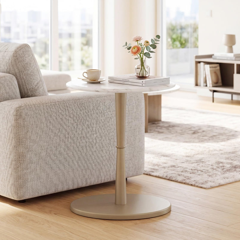 Giantex Round Marble Side Table w/Stone Finish & Wooden Pedestal (1/2)