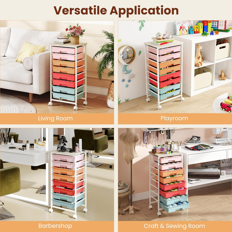 Giantex 8 Drawers Rolling Cart with Wheels Wood Top Sturdy Frame
