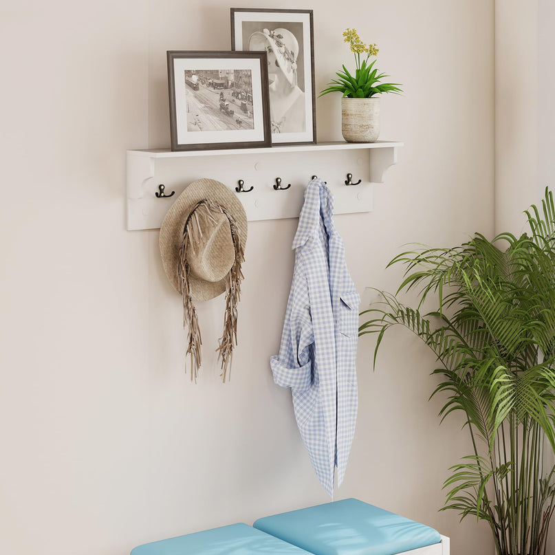 Giantex Wall Hooks with Shelf 31.5inch Wooden Coat Rack with 6 Hooks for Hats Towels Purses Robes