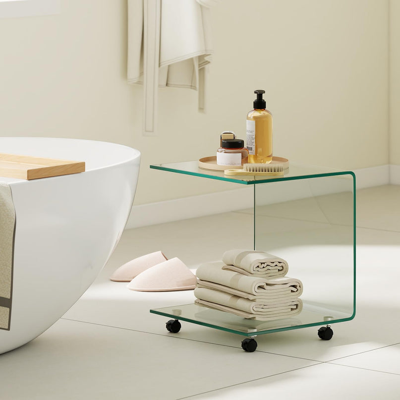 Table d'appoint en C Giantex avec roulettes – Table d'appoint mobile en verre trempé pour canapé, lot de 1 ou 2