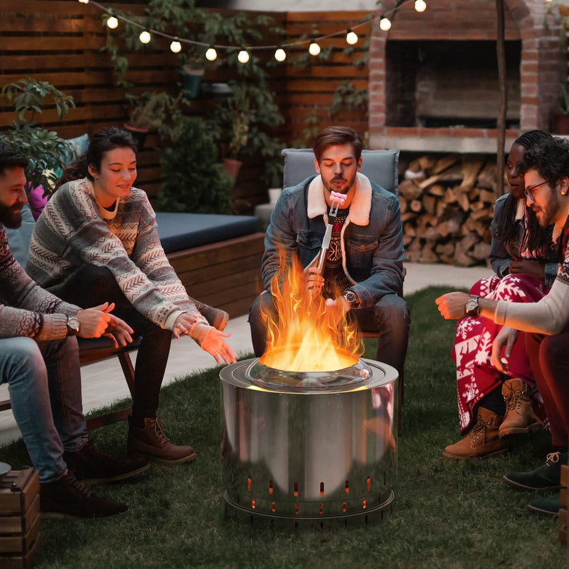 Giantex Smokeless Fire Pit for Outside - 19.5 Inch Stainless Steel Wood Burning Firepit with Protective Cover
