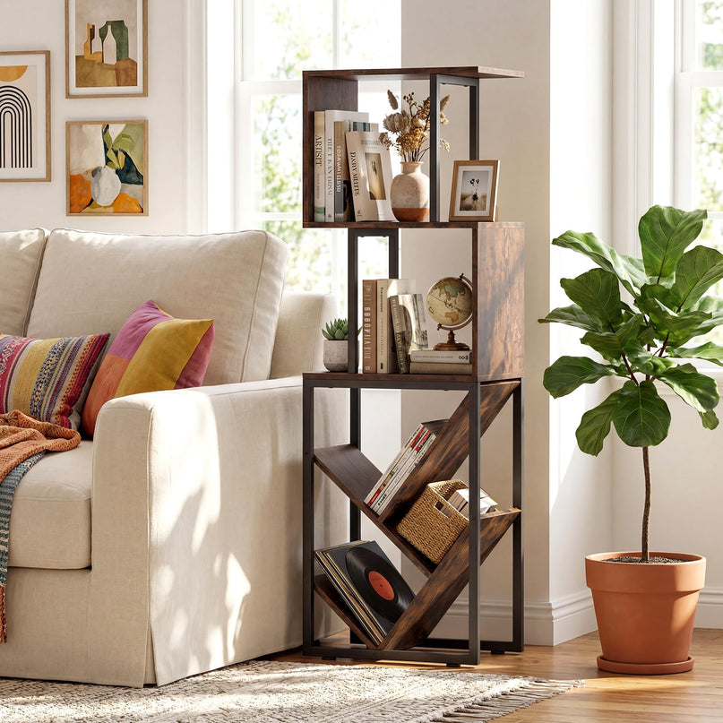 Giantex 6-Tier Industrial S-Shaped Geometric Bookcase with Open Display Shelves