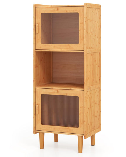 Giantex Bamboo Storage Cabinet, 3-Cube Bookcase, Freestanding Liquor Display Sideboard with 2 Single Doors