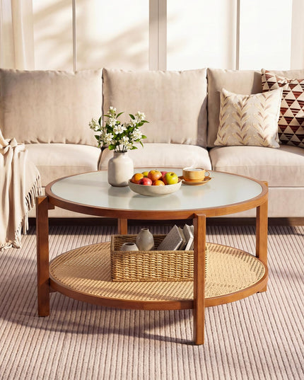 Giantex Rattan 35" Farmhouse Glass Center Table with Storage