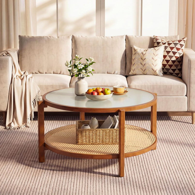 Giantex Rattan 35" Farmhouse Glass Center Table with Storage